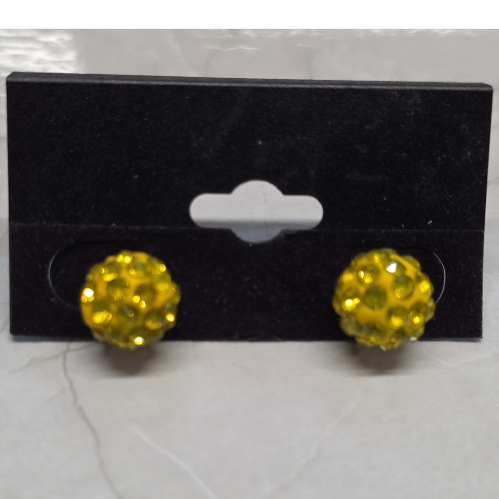 Vtg New Stud Earrings Yellow Rhinestone Disco Ball Pave Shamballa Style Sparkly